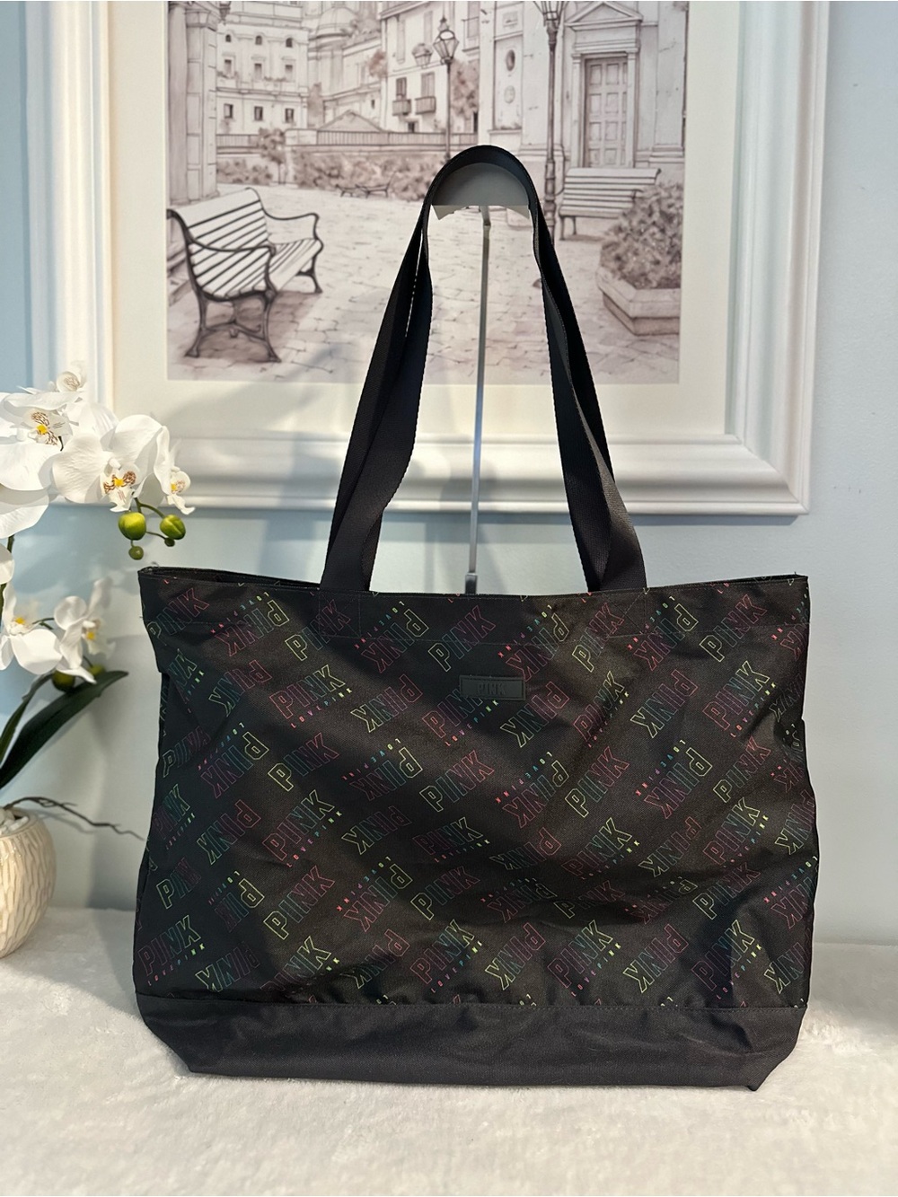 PINK Victoria’s Secret Black Rainbow Logo Print Large Tote Bag - Like New